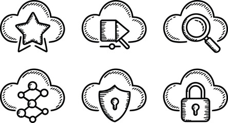Hand Drawn Cloud Computing Icon Set, Security, Search, and Network Doodle Sketches, Vector illustration