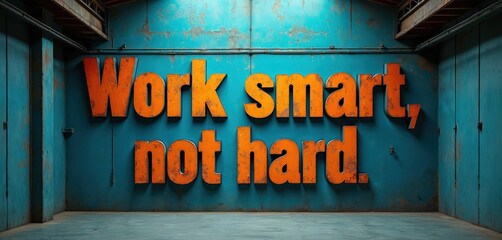 Large orange volumetric letters spell Work smart, not hard on a distressed blue wall. Industrial interior setting with concrete floor. Motivational message for business and life.