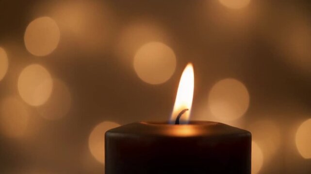 A solitary candle flame glows brightly against a blurred background of warm light.