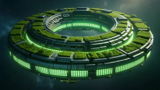 Futuristic green energy space station in space, with glowing lights and patches of green