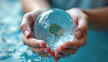 Hands hold globe full of clean water. Droplets fall into blue liquid. Earth globe graphic shows South America. Concept of saving planet water.
