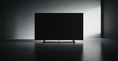 Fototapeta premium Modern television sits upon surface. Dramatic lighting creates strong contrast, highlighting sleek design. Minimalist aesthetic prevails.