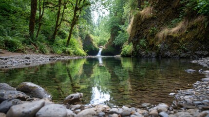 Tranquil waterfall in a lush green forest