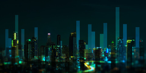Digital Financial Growth Metrics and Economic Data Visualization over Modern City Skyline.