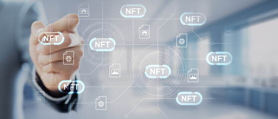 NFT Technology and Digital Asset Authentication Illustrated on a Virtual Blockchain Interface.