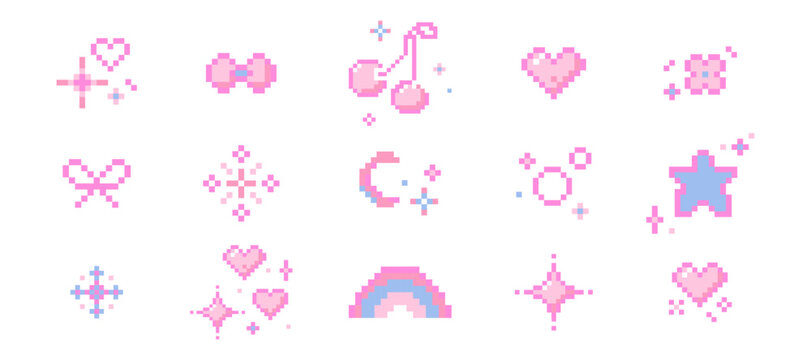 Set cute pixel elements, girly stars, bows, heart. Spring flowers and cherry rainbow y2k retro game 8 bit icons. Pixel collection.