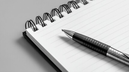 Naklejka premium Close-up of a spiral-bound notebook with lined paper, a pen resting on it in black and white
