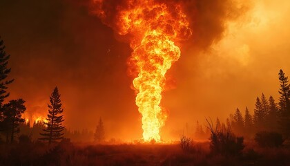 Massive fire vortex erupts skyward in burning forest landscape. Intense flames swirl upwards creating fiery column against dark smoky clouds. Wildfire destruction unleashes pure heat, raw energy.