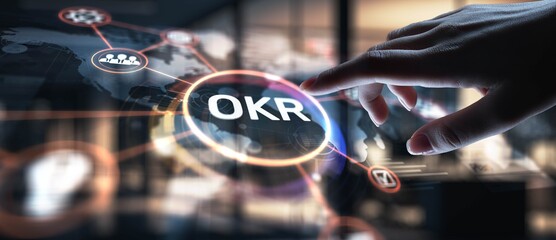 OKR Objectives and Key Results for Performance Management, projection on a virtual screen, Business and Technology Concept.