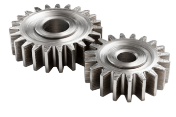 Two metallic gears meshing together on a black background steel iron