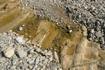 Intermittent river view in tropical forest mountains. River water puddles. For graphic design, 3D rendering and banners