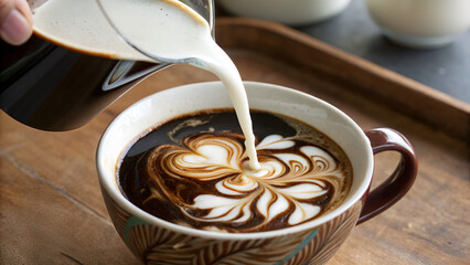 Close up of milk being pured on to hot black coffee.01