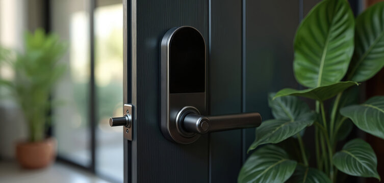 Modern smart door lock with electronic keypad for secure home entry. Keyless entry system with digital access control provides convenience and safety for residents. Features sleek design.
