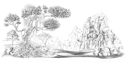 Fototapeta premium Landscape with a huge tree entwined with vines and plants against a backdrop of bizarre mountain ranges. Isolated pencil illustration for event invitations, eco-hotel print design, poster printing.