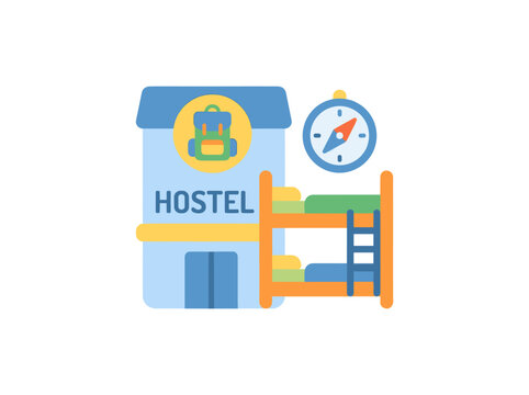 Hostel Building with Bunk Bed and Alarm Clock.