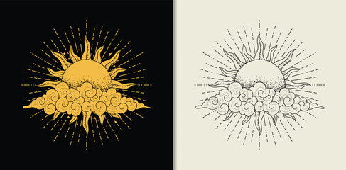 Hand drawn radiant sun with clouds and scattered stars