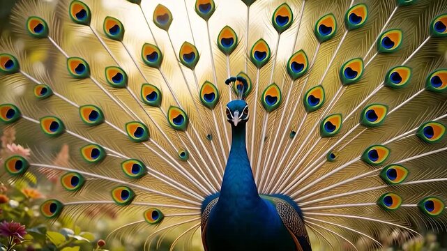 Peacock fanning out vibrant feathers in a tranquil garden setting