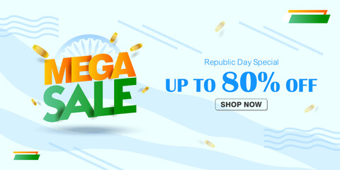 Modern Republic Day mega sale vector design featuring “Mega Sale” text with Indian tricolor theme and discount message. Perfect for Republic Day promotions, e-commerce sales, festive advertising.