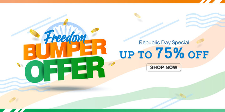 Attractive Republic Day sale banner design featuring a bold &ldquo;Freedom Bumper Offer&rdquo; headline with Indian tricolor colors. Perfect for e-commerce promotions, social media ads, website headers.