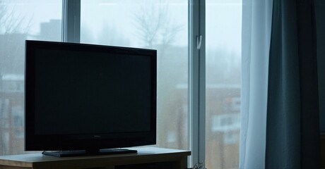 Fototapeta premium Dim room features television set near window. Rain streaks glass, creating moody atmosphere. Interior feels quiet, isolated.