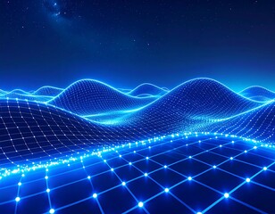 Futuristic digital landscape with glowing grid and starfield sky