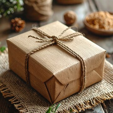 Close-up of a neatly wrapped square package tied with twine, placed on a rough, textured surface with natural light