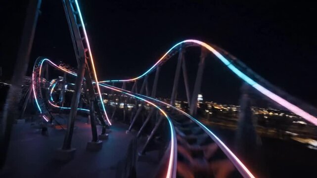 Videos of roller coasters at night with vibrant neon lights creating a suitable thrilling atmosphere in an amusement park against a dark cityscape background with a long exposure shot.