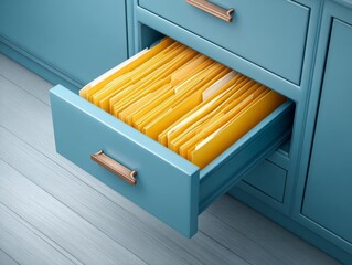 Document  file in drawer at office and  Discover efficient organization with a vibrant blue filing cabinet drawer, neatly packed with yellow folders, symbolizing meticulous data management 