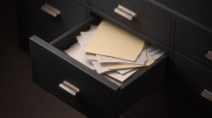 An open dark wooden drawer filled with a messy stack of important documents and loose paper, symbolizing disorganization, bureaucracy, and the need for efficient office storage and record management