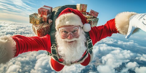 Santa Claus as a skydiver jumps to earth with a parachute and many gifts on his back