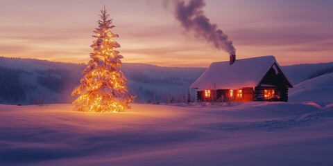 a Christmas tree with candles stands in the snow next to a lonely romantically lit hut in mountains