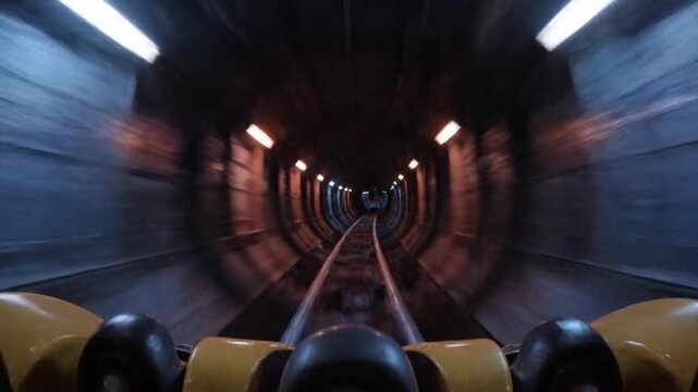 Videos of roller coasters speeding through a dark tunnel with suitable cinematic lighting and a sense of thrill, captured in a fast-motion shot with a blurred background and vibrant colors.