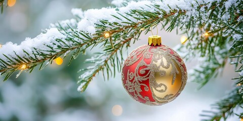 a beautifully decorated christmas bauble hanging on a fir branch over white background
