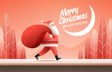Santa Merry Christmas winter landscape snow trees walking with gift bag festive background red color palette modern holiday banner