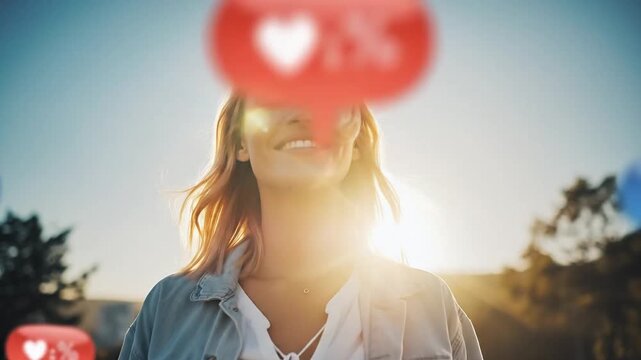 Woman basking in digital adoration and online affirmation and feedback