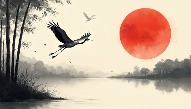Two cranes fly over calm water at sunset near bamboo forest. Red sun shines on misty landscape. Serene nature scene in traditional asian ink painting style.
