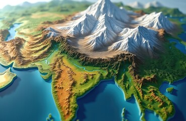 3D topographic map of India shows varied terrain with lush green plains, dry desert areas, and towering snow-capped Himalayas. Water bodies like rivers and oceans surround the subcontinent. © Pete