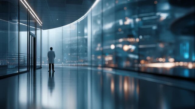 A person in a white coat explores a high tech, glass walled hallway with reflections and ambient blue lighting. The scene evokes innovation, science, and a cutting edge future