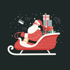 Santa Christmas shopping online presents sleigh digital festive gifts snow credit cards dark background holiday scene website banner