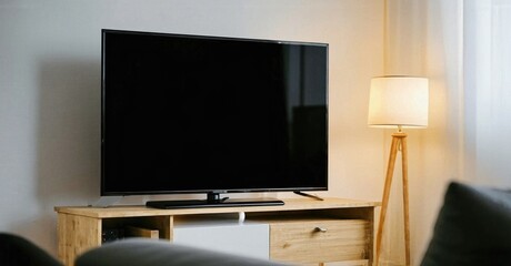 Modern living room features television atop wooden cabinet. Lamp provides soft illumination near window, creating cozy atmosphere.