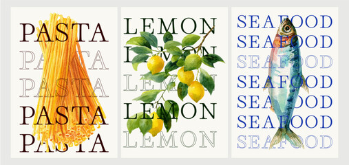 Amalfi Coast summer poster with vibrant lemon motifs. Italian cuisine illustrations including fresh pasta, fish, and Mediterranean brunch elements in watercolor style. © Narin