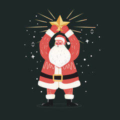 Santa Christmas celebration holding golden star festive snowy background cartoon character dark backdrop