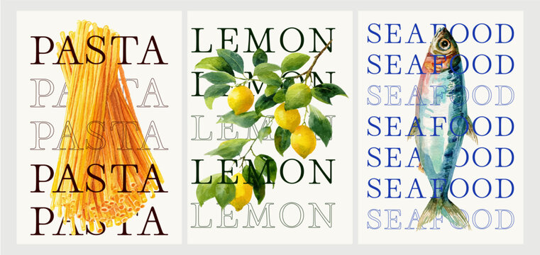 Amalfi Coast summer poster with vibrant lemon motifs. Italian cuisine illustrations including fresh pasta, fish, and Mediterranean brunch elements in watercolor style.