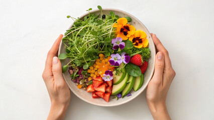 Balanced diet concept art. vibrant plate of fresh salad with edible flowers and fruits creates colorful and healthy meal