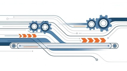 Obraz premium Factory Manufacturing Process Illustration with Abstract Flowing Gear Shapes, Conveyor Belt Motion Lines, and Minimal Futuristic Industrial Design