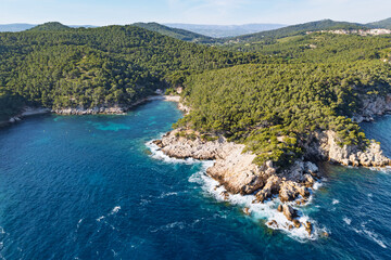 Obraz premium Mediterranean coastline at Calanque Port de Alon near La Ciotat, aerial drone shot shore South France