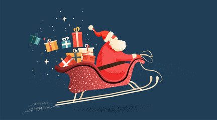 Santa Claus Christmas sleigh flying with gifts festive winter night snow holiday celebration red costume presents dark blue background