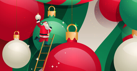 Santa Christmas decoration festive scene with ornaments Santa Claus on ladder hanging baubles red green gold sparkling background holiday concept