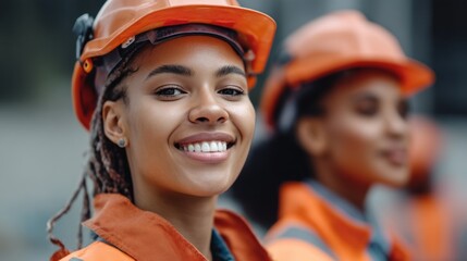 Two cheerful construction workers, dressed in bright safety gear and hard hats, share a moment of joy while working on a construction site during the day