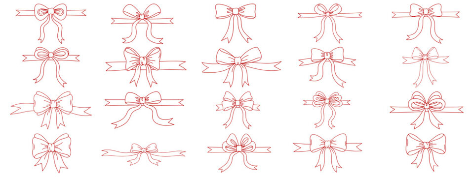 Doodle gift bow with red bows, string and knot for present. Minimalist line art vector for festive birthday party, Christmas celebration and coquette holiday decoration